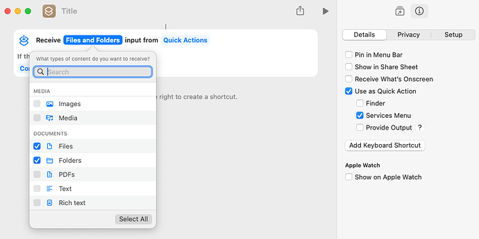 Receive files and folders in shortcut