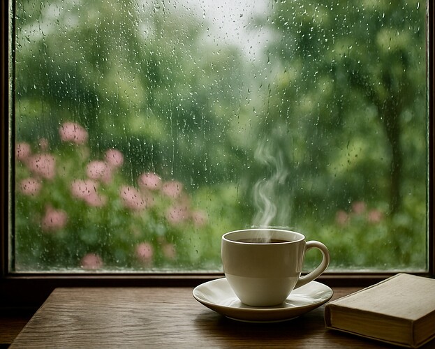 Window rain drops coffee book AI generated