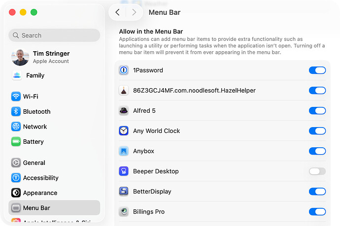 macOS 26 - System Settings - Menu Bar