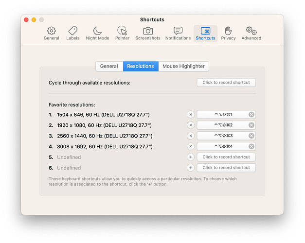 Displays - Keyboard Shortcuts for Resolutions