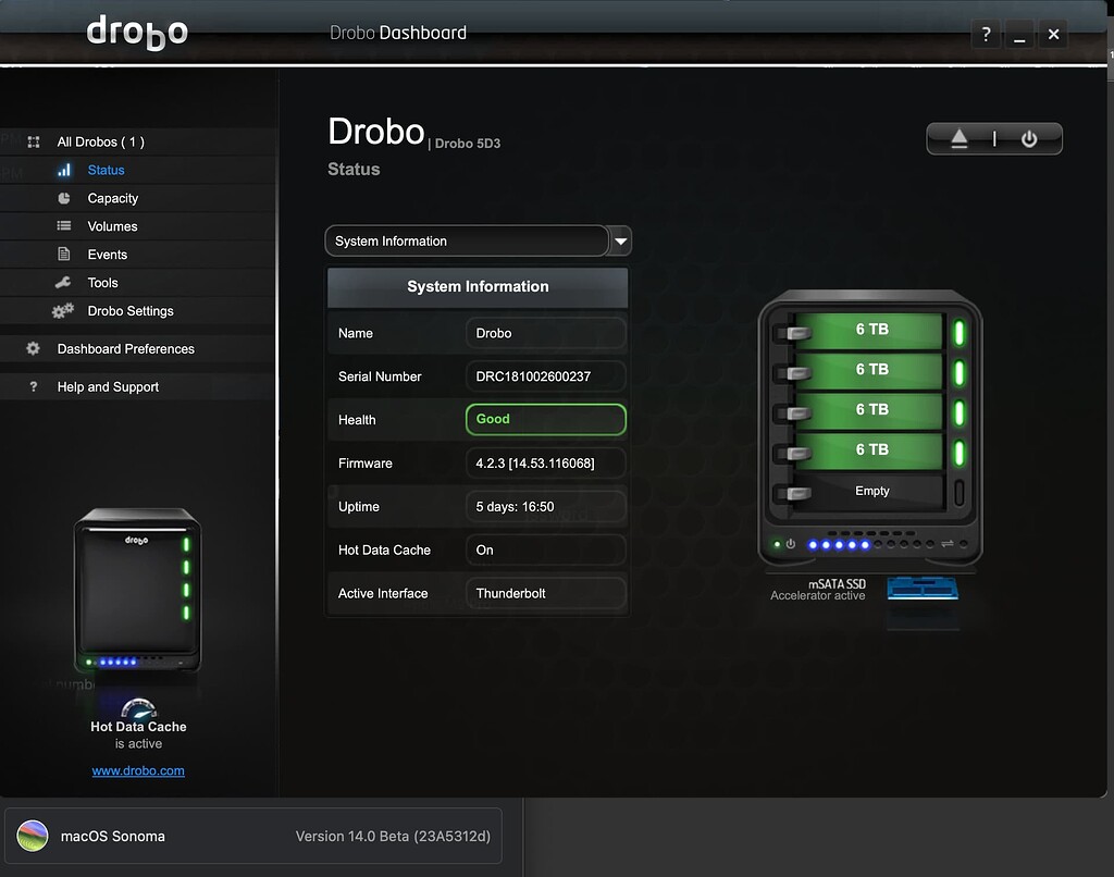Drobo Dashboard still working with MacOS Sonoma Beta (14.0 Beta